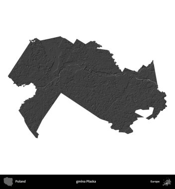 gmina Plaska. Polonya 'nın idari bölgesi gri ölçekli yükseklik haritasında beyaza izole edildi
