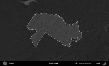 gmina Plaska. Polonya 'nın idari bölgesi kararmış bir gri tonlama yükseklik haritasına vurgulandı ve özetlendi