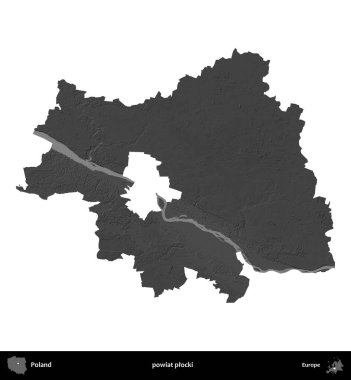 powiat plocki. Polonya 'nın idari bölgesi gri ölçekli yükseklik haritasında beyaza izole edildi