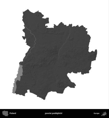 powiat poddebicki. Polonya 'nın idari bölgesi gri ölçekli yükseklik haritasında beyaza izole edildi