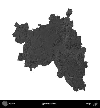 gmina Polanow. Polonya 'nın idari bölgesi gri ölçekli yükseklik haritasında beyaza izole edildi