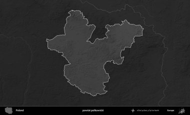 powiat polkowicki. Polonya 'nın idari bölgesi kararmış bir gri tonlama yükseklik haritasına vurgulandı ve özetlendi