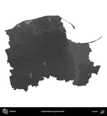 wojewodzz iki pomorskie. Polonya 'nın idari bölgesi gri ölçekli yükseklik haritasında beyaza izole edildi