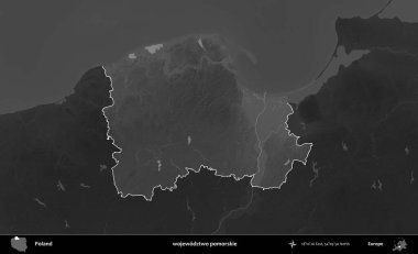 wojewodzz iki pomorskie. Polonya 'nın idari bölgesi kararmış bir gri tonlama yükseklik haritasına vurgulandı ve özetlendi