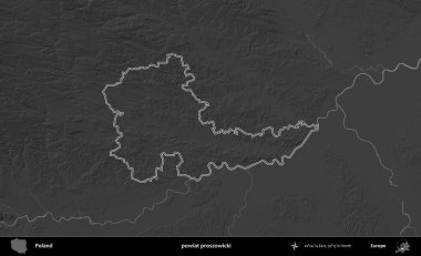 powiat proszowicki. Polonya 'nın idari bölgesini gri ölçekli bir yükseklik haritasında özetledim