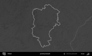 powiat przasnyski. Polonya 'nın idari bölgesini gri ölçekli bir yükseklik haritasında özetledim