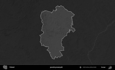 powiat przasnyski. Polonya 'nın idari bölgesi kararmış bir gri tonlama yükseklik haritasına vurgulandı ve özetlendi