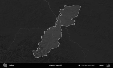 powiat przeworski. Polonya 'nın idari bölgesi kararmış bir gri tonlama yükseklik haritasına vurgulandı ve özetlendi