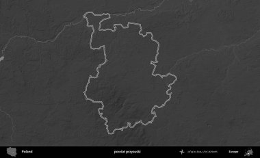 powiat przysuski. Polonya 'nın idari bölgesini gri ölçekli bir yükseklik haritasında özetledim