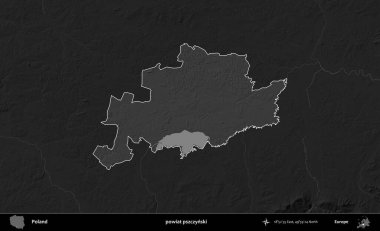 powiat pszczynski. Polonya 'nın idari bölgesi kararmış bir gri tonlama yükseklik haritasına vurgulandı ve özetlendi