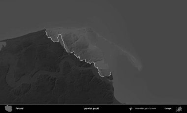 powiat pucki. Polonya 'nın idari bölgesi kararmış bir gri tonlama yükseklik haritasına vurgulandı ve özetlendi