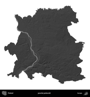 powiat pulawski. Polonya 'nın idari bölgesi gri ölçekli yükseklik haritasında beyaza izole edildi