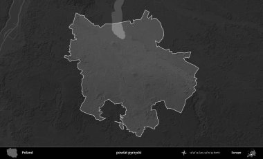 powiat pyrzycki. Polonya 'nın idari bölgesi kararmış bir gri tonlama yükseklik haritasına vurgulandı ve özetlendi