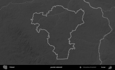 powiat radomski. Polonya 'nın idari bölgesini gri ölçekli bir yükseklik haritasında özetledim