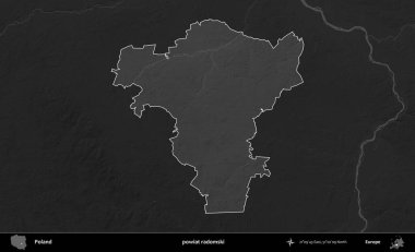 powiat radomski. Polonya 'nın idari bölgesi kararmış bir gri tonlama yükseklik haritasına vurgulandı ve özetlendi