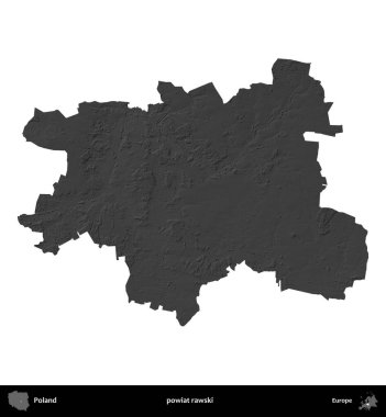 powiat rawski. Polonya 'nın idari bölgesi gri ölçekli yükseklik haritasında beyaza izole edildi