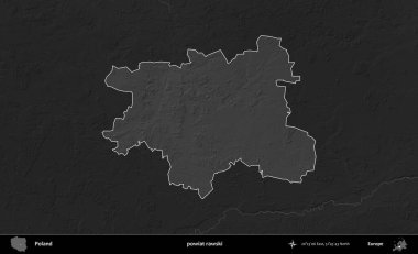 powiat rawski. Polonya 'nın idari bölgesi kararmış bir gri tonlama yükseklik haritasına vurgulandı ve özetlendi