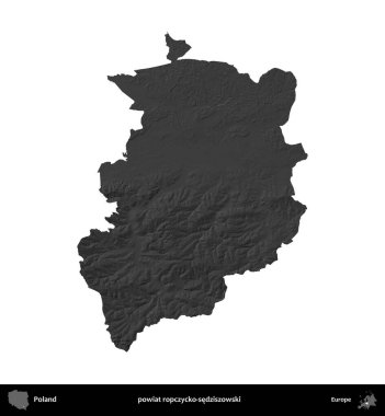 powiat ropczycko-sedziszowski. Polonya 'nın idari bölgesi gri ölçekli yükseklik haritasında beyaza izole edildi