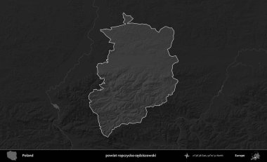powiat ropczycko-sedziszowski. Polonya 'nın idari bölgesi kararmış bir gri tonlama yükseklik haritasına vurgulandı ve özetlendi