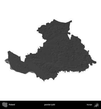 powiat rycki. Polonya 'nın idari bölgesi gri ölçekli yükseklik haritasında beyaza izole edildi