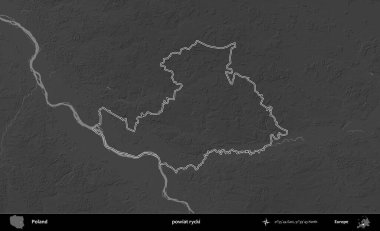 powiat rycki. Polonya 'nın idari bölgesini gri ölçekli bir yükseklik haritasında özetledim