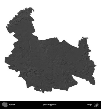 powiat rypinski. Polonya 'nın idari bölgesi gri ölçekli yükseklik haritasında beyaza izole edildi