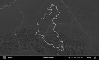 powiat rzeszowski. Polonya 'nın idari bölgesini gri ölçekli bir yükseklik haritasında özetledim