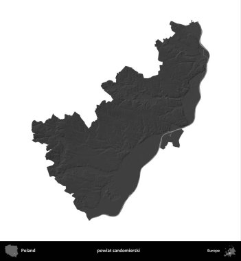 powiat sandomierski. Polonya 'nın idari bölgesi gri ölçekli yükseklik haritasında beyaza izole edildi