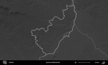 powiat sandomierski. Polonya 'nın idari bölgesini gri ölçekli bir yükseklik haritasında özetledim