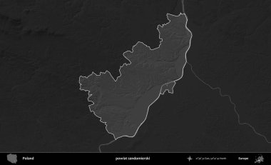 powiat sandomierski. Polonya 'nın idari bölgesi kararmış bir gri tonlama yükseklik haritasına vurgulandı ve özetlendi