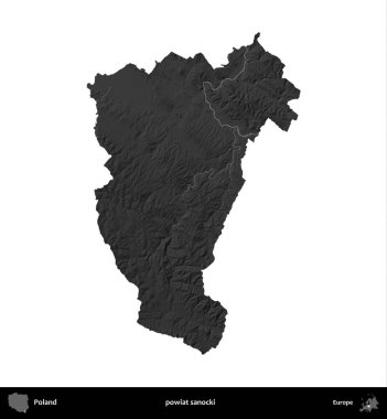 powiat sanocki. Polonya 'nın idari bölgesi gri ölçekli yükseklik haritasında beyaza izole edildi