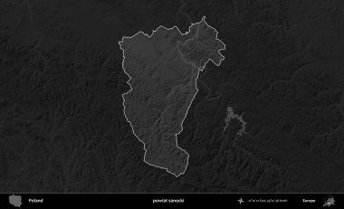 powiat sanocki. Polonya 'nın idari bölgesi kararmış bir gri tonlama yükseklik haritasına vurgulandı ve özetlendi