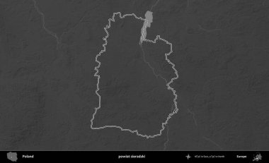 powiat sieradzki. Polonya 'nın idari bölgesini gri ölçekli bir yükseklik haritasında özetledim