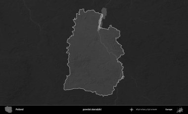 powiat sieradzki. Polonya 'nın idari bölgesi kararmış bir gri tonlama yükseklik haritasına vurgulandı ve özetlendi