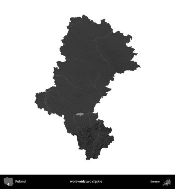 wojewodz2 slaskie. Polonya 'nın idari bölgesi gri ölçekli yükseklik haritasında beyaza izole edildi