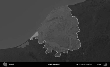 powiat slawienski. Polonya 'nın idari bölgesi kararmış bir gri tonlama yükseklik haritasına vurgulandı ve özetlendi
