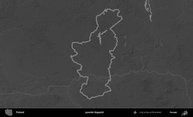 powiat slupecki. Polonya 'nın idari bölgesini gri ölçekli bir yükseklik haritasında özetledim
