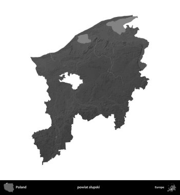 Powiat Slumpski. Polonya 'nın idari bölgesi gri ölçekli yükseklik haritasında beyaza izole edildi