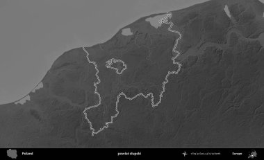 Powiat Slumpski. Polonya 'nın idari bölgesini gri ölçekli bir yükseklik haritasında özetledim