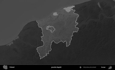 Powiat Slumpski. Polonya 'nın idari bölgesi kararmış bir gri tonlama yükseklik haritasına vurgulandı ve özetlendi