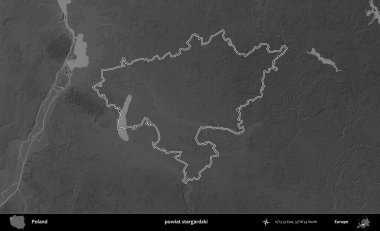 powiat stargardzki. Polonya 'nın idari bölgesini gri ölçekli bir yükseklik haritasında özetledim