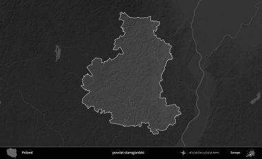 powiat starogardzki. Polonya 'nın idari bölgesi kararmış bir gri tonlama yükseklik haritasına vurgulandı ve özetlendi