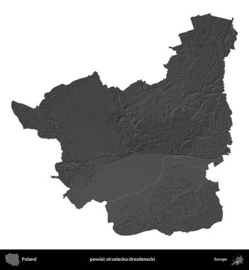 powiat strzelecko-drezdenecki. Polonya 'nın idari bölgesi gri ölçekli yükseklik haritasında beyaza izole edildi