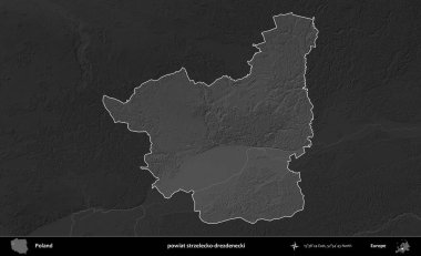 powiat strzelecko-drezdenecki. Polonya 'nın idari bölgesi kararmış bir gri tonlama yükseklik haritasına vurgulandı ve özetlendi