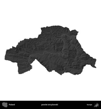 powiat strzyzowski. Polonya 'nın idari bölgesi gri ölçekli yükseklik haritasında beyaza izole edildi