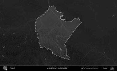 wojewodz2 podkarpackie. Polonya 'nın idari bölgesi kararmış bir gri tonlama yükseklik haritasına vurgulandı ve özetlendi
