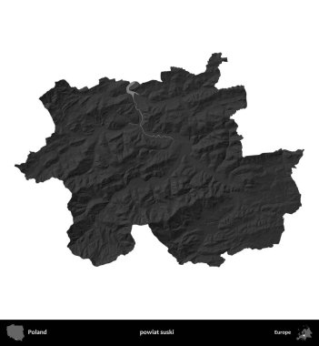 powiat suski. Polonya 'nın idari bölgesi gri ölçekli yükseklik haritasında beyaza izole edildi