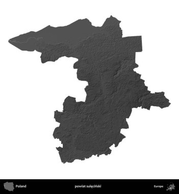 powiat sulecinski. Polonya 'nın idari bölgesi gri ölçekli yükseklik haritasında beyaza izole edildi