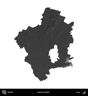 powiat suwalski. Polonya 'nın idari bölgesi gri ölçekli yükseklik haritasında beyaza izole edildi