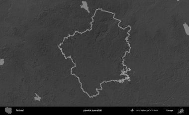 powiat suwalski. Polonya 'nın idari bölgesini gri ölçekli bir yükseklik haritasında özetledim